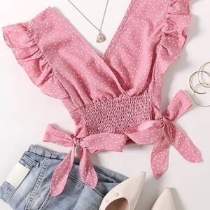 Pink Polka Dot Coquette Wrap Top | Ruffle Sleeve Smocked Crop Blouse Size L